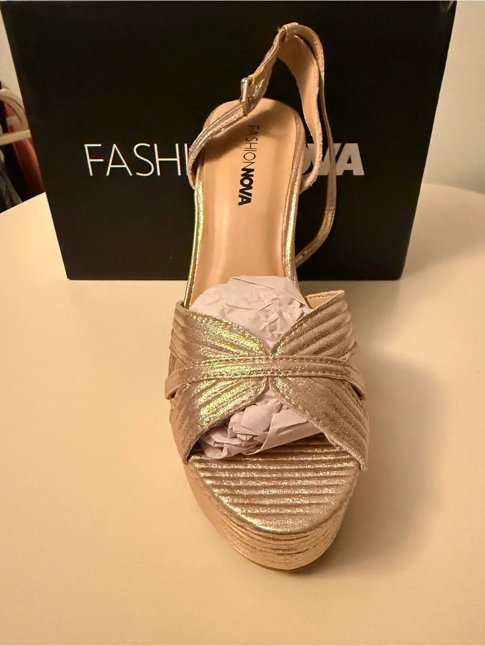 Fashion Nova Rose Gold Metallic Platform Block Heels